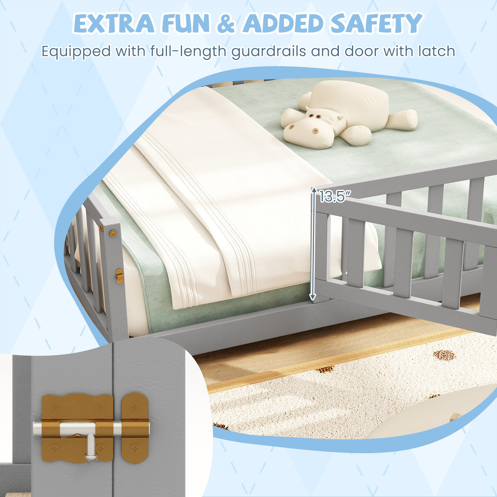 Close-up of Montessori bed frame latch detail in gray, featuring full-length guardrails for added safety and.