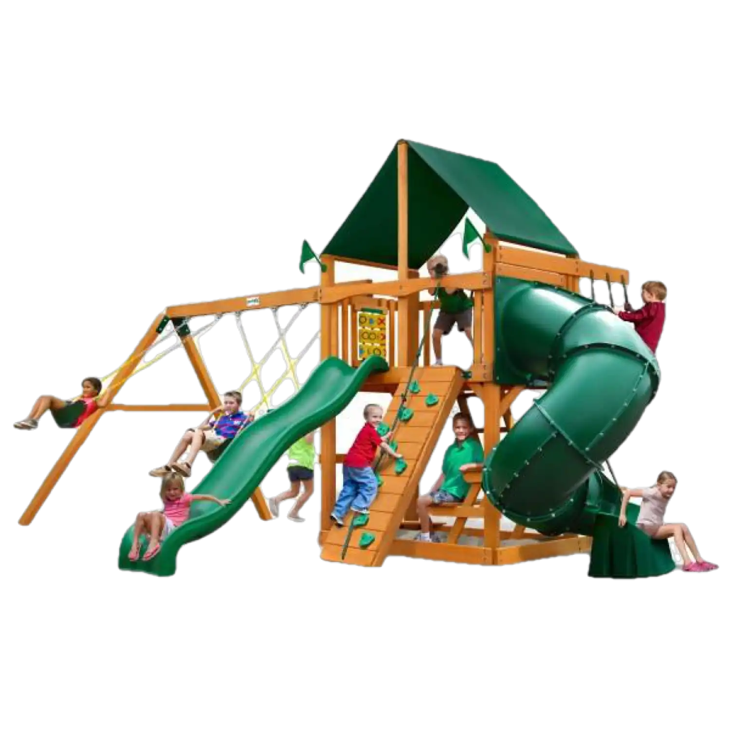Gorilla Playsets 01-0005-AP-2 Mountaineer Amber Posts Swing Set and Residential Wood Playset with Sunbrella Canvas Forest Green Canopy New