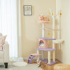 Multi-level cat tower featuring sisal scratching posts, cozy condo, and playful star-themed design for feline fun.