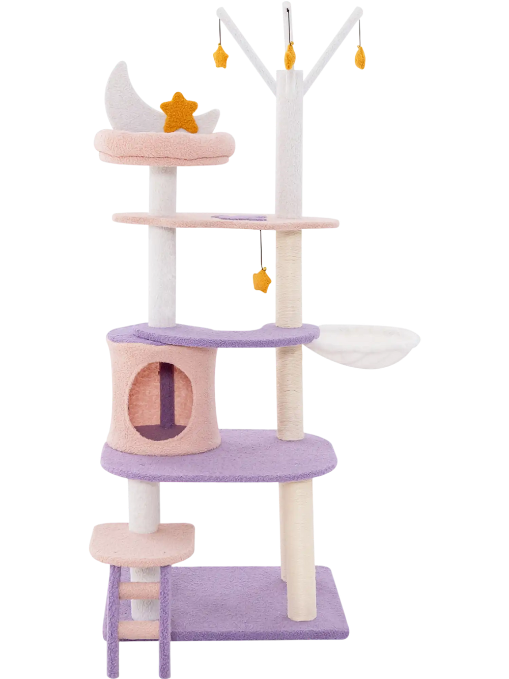 Multi-level cat tower showcasing a cozy moon and star decorated nest, perfect for snug naps and playful rest.