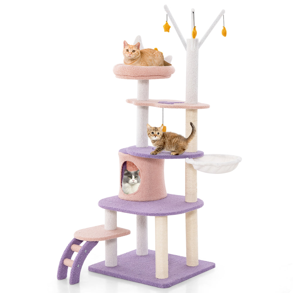 Multi-level cat tower with sisal scratching posts, cozy condo, and playful star-themed accessories for feline fun.