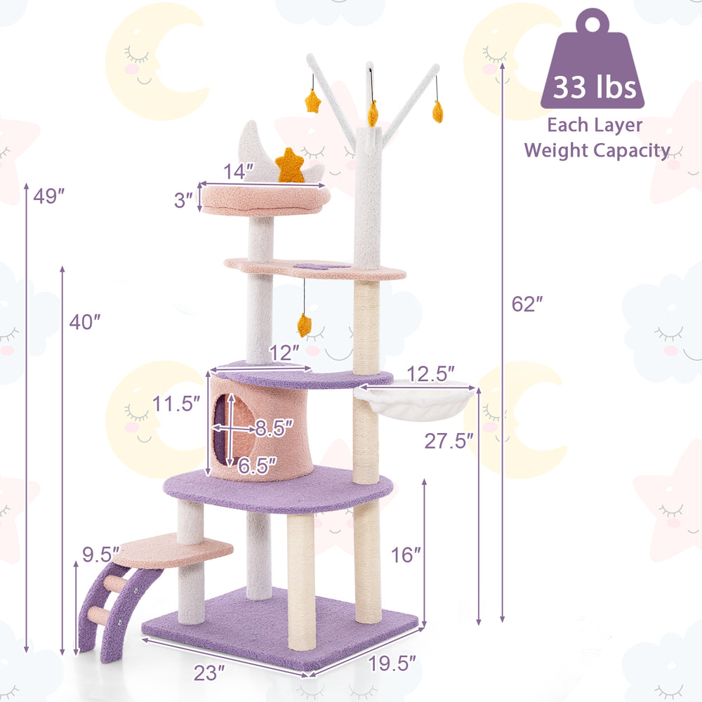Multi-level cat tower with sisal scratching posts, cozy condo, and moon & star decorations for playful feline fun.