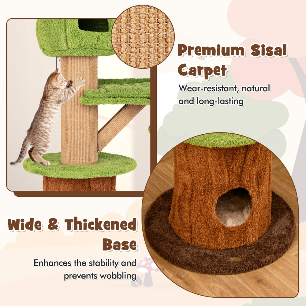 Mushroom Cat Tree with plush perch and wide base, featuring premium sisal carpet for stability and comfort.