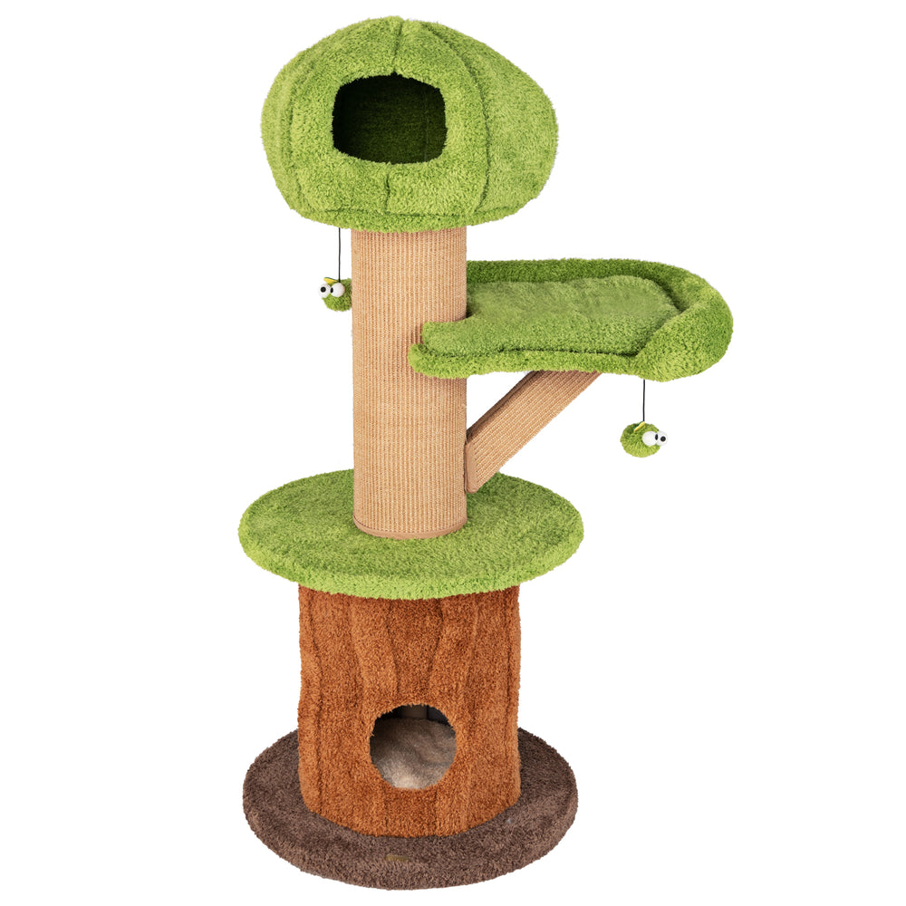 Mushroom cat tree with a cozy trunk condo, plush perch, and playful hanging balls for indoor cat entertainment.