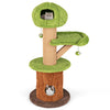 Mushroom cat tree with plush perch and two condos, featuring thick scratching posts and interactive toys for indoor.