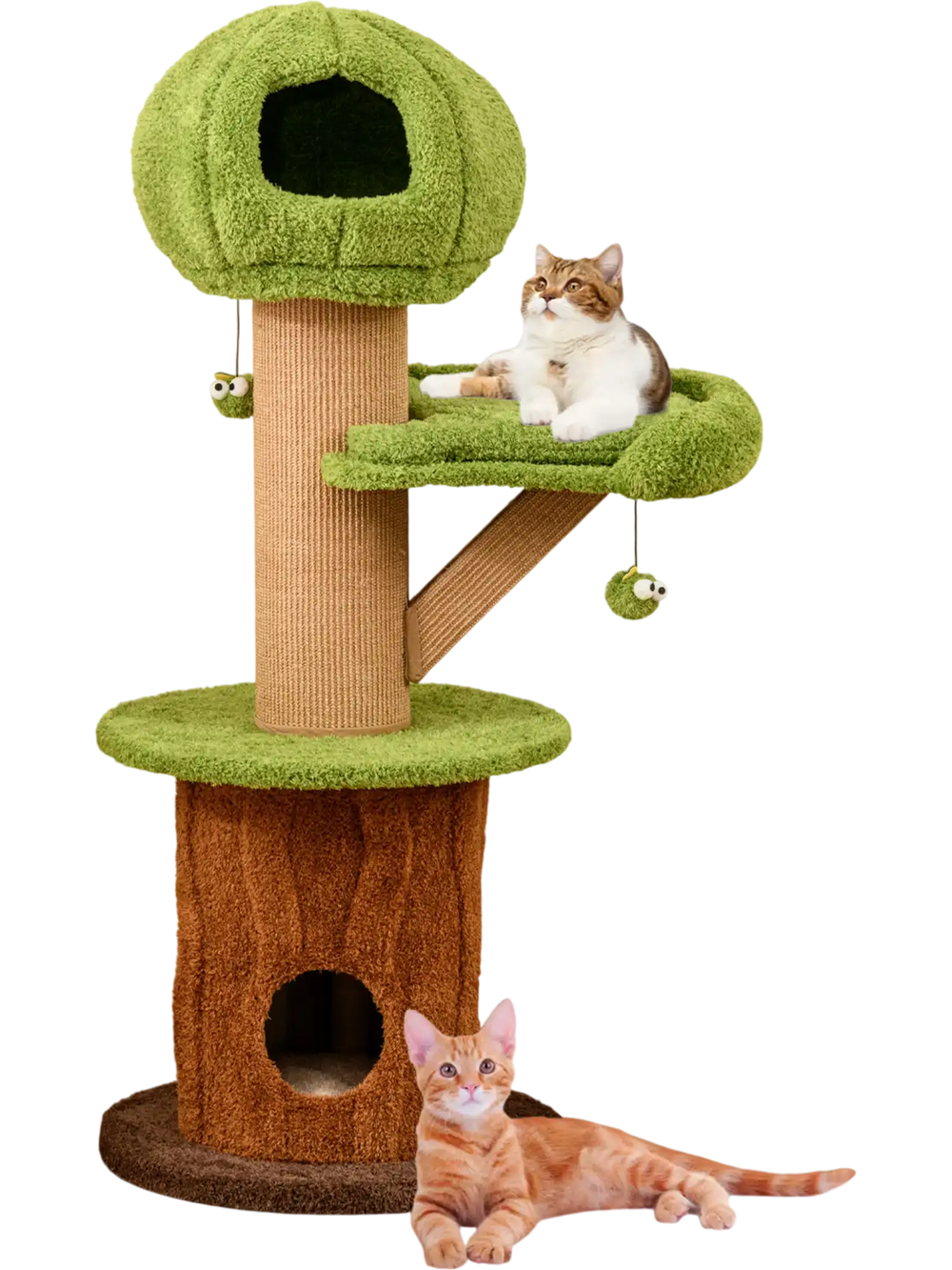Mushroom cat tree with plush perch, large trunk condo, and interactive toys for indoor cats in green.