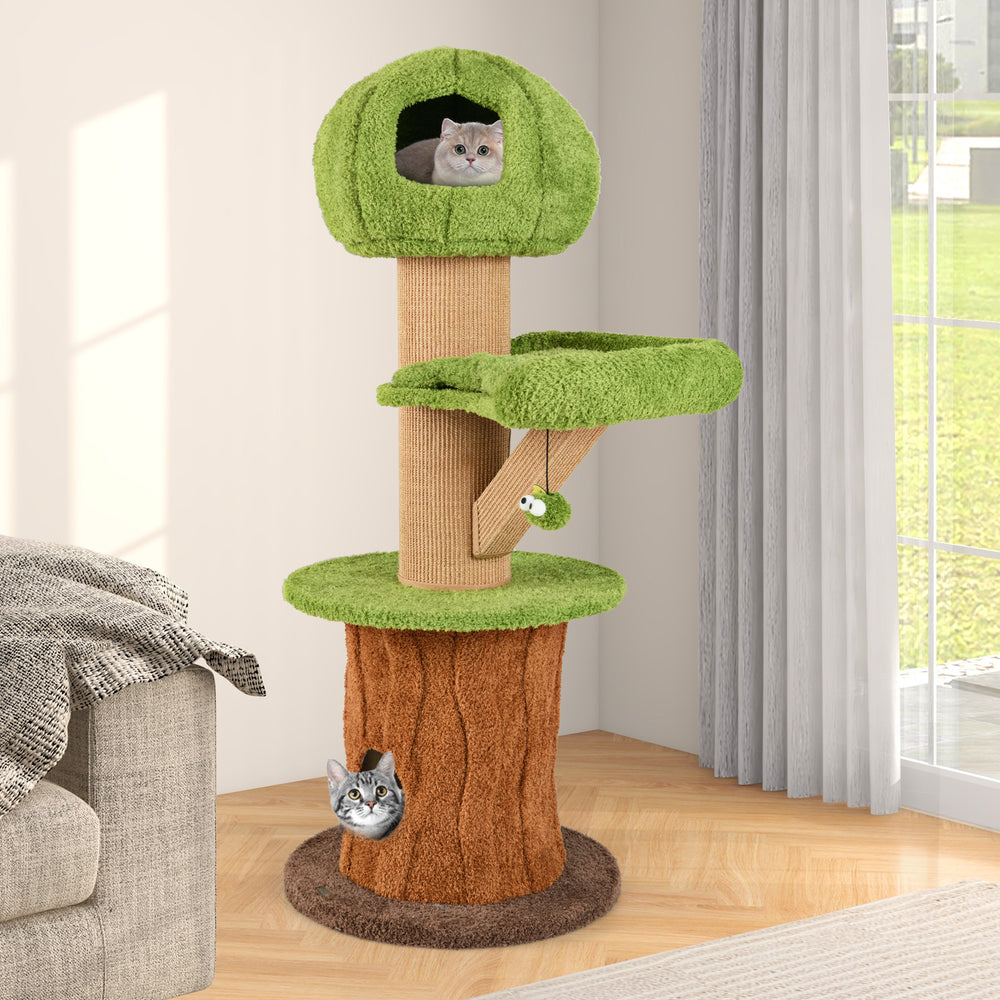 Mushroom cat tree with plush perch and condos, featuring thick scratching posts and interactive toys for indoor cats.