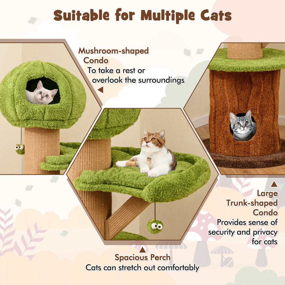 Mushroom-shaped cat tree with plush perch and two condos, featuring thick scratching posts for indoor cats.