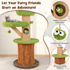 Mushroom cat tree with plush perch, hidden cave, and interactive toys for indoor cats' fun and comfort.