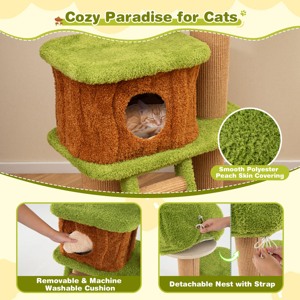 Mushroom-shaped cat nest condo in green with removable cushion and climbing ladder for indoor cats' play and relaxation.