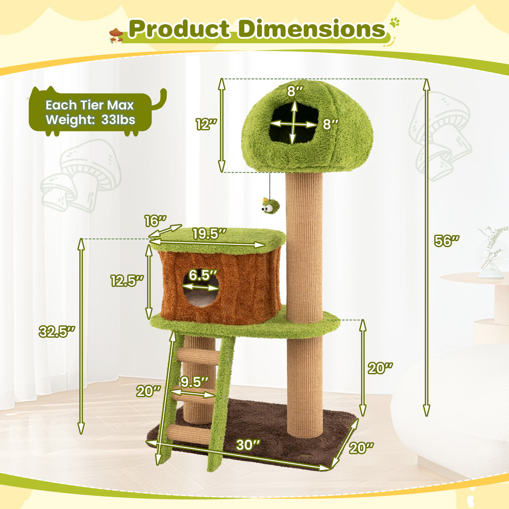 Dimensions of the green Cute Cat Tree featuring a mushroom-shaped nest, climbing ladder, and spacious condo for indoor.
