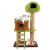 Cat tree with mushroom-shaped nest, sisal scratching posts, and climbing ladder for indoor cats in green and brown.