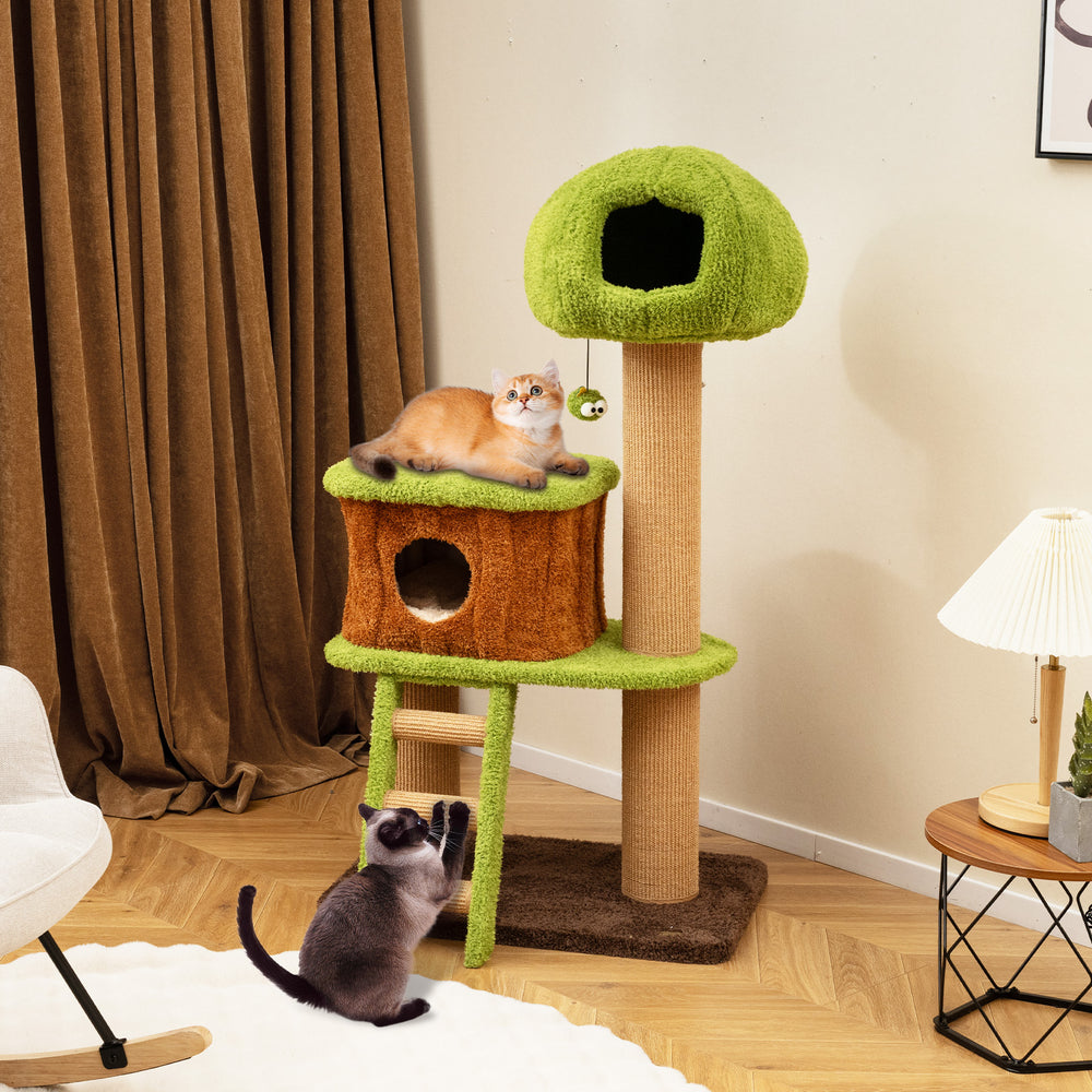 Mushroom-shaped cat tree with climbing ladder and spacious condo, featuring green sisal scratching posts for indoor.