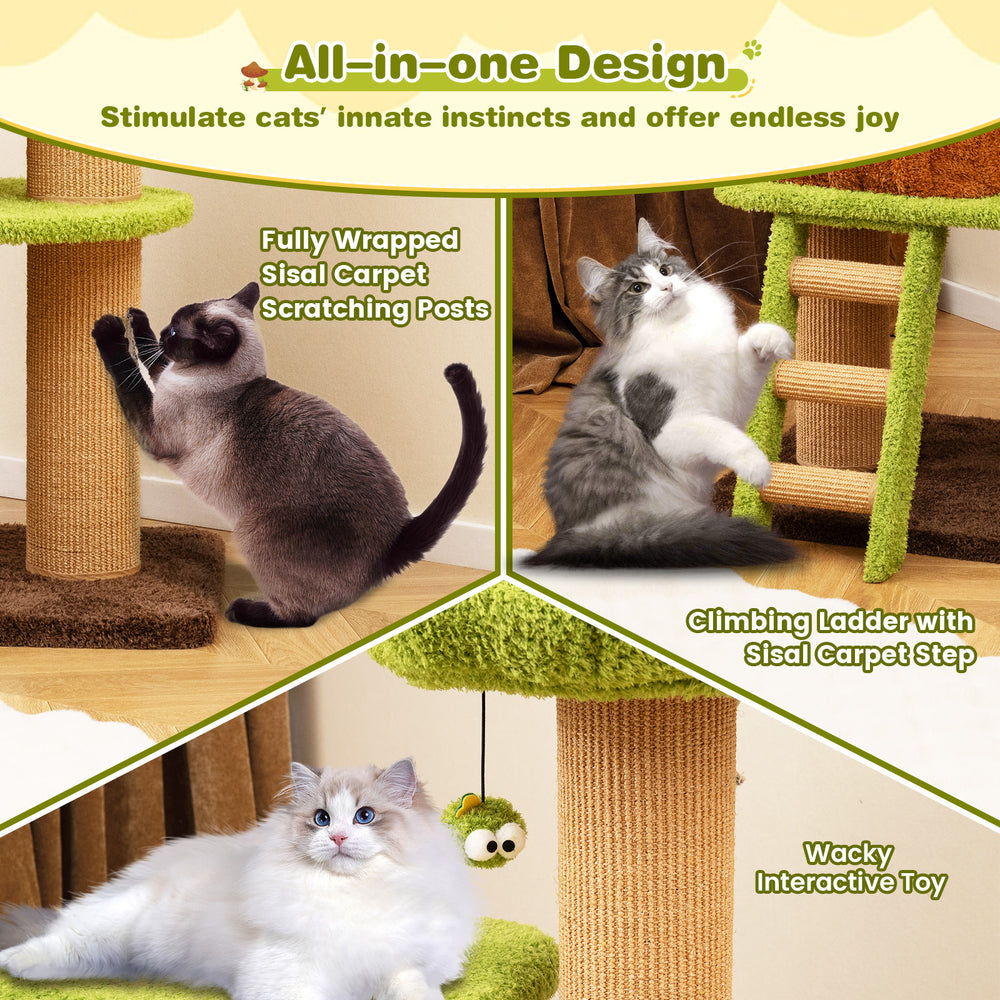 Mushroom-shaped cat nest with climbing ladder, sisal scratching posts, and interactive toy for indoor cats.