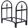 Heavy-duty black steel firewood storage holder with open design for ventilation, ideal for outdoor use.