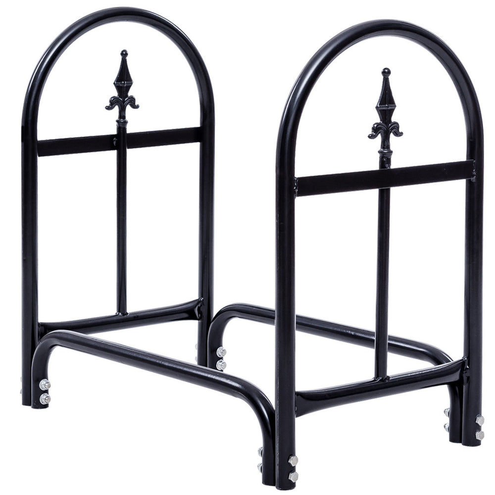 Heavy-duty black steel firewood storage holder with open design for ventilation, ideal for outdoor use.