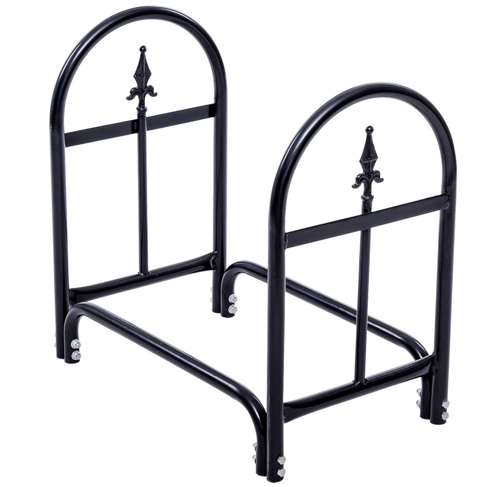 Heavy-duty steel firewood storage holder with black powder-coated finish, designed for outdoor use and excellent.
