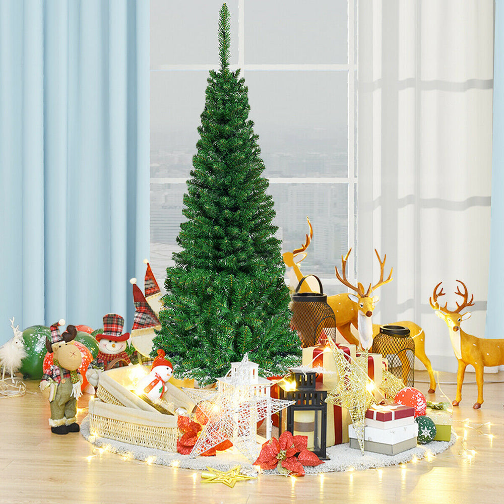 4.5 ft pre-lit pencil Christmas tree with 150 LED lights, surrounded by festive decorations and gifts for holiday cheer.