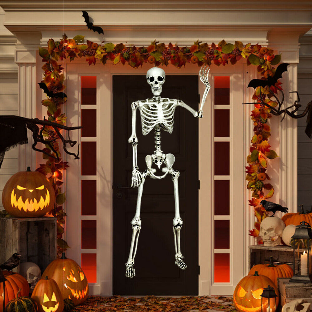 5.4-foot Halloween skeleton with movable joints, perfect for indoor and outdoor spooky decorations at parties.