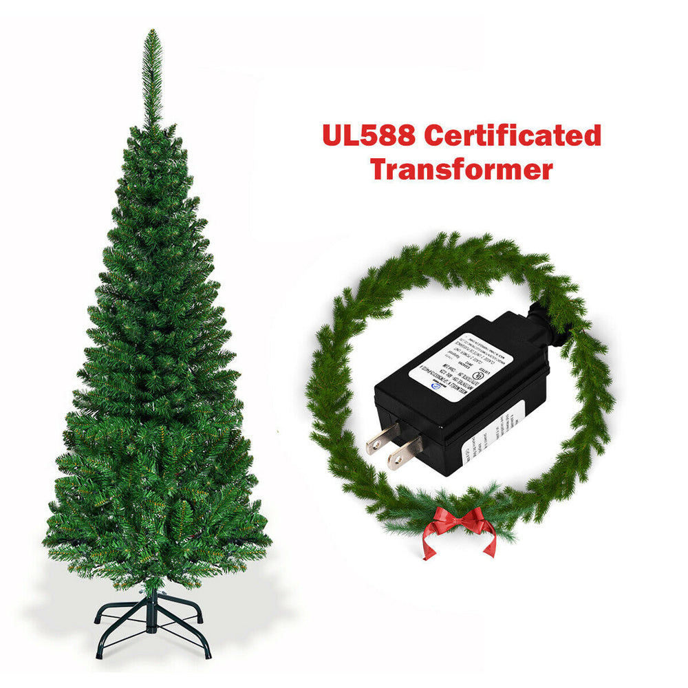 4.5 ft pre-lit pencil Christmas tree with 150 LED lights, featuring a slim design and 226 branch tips for a realistic.