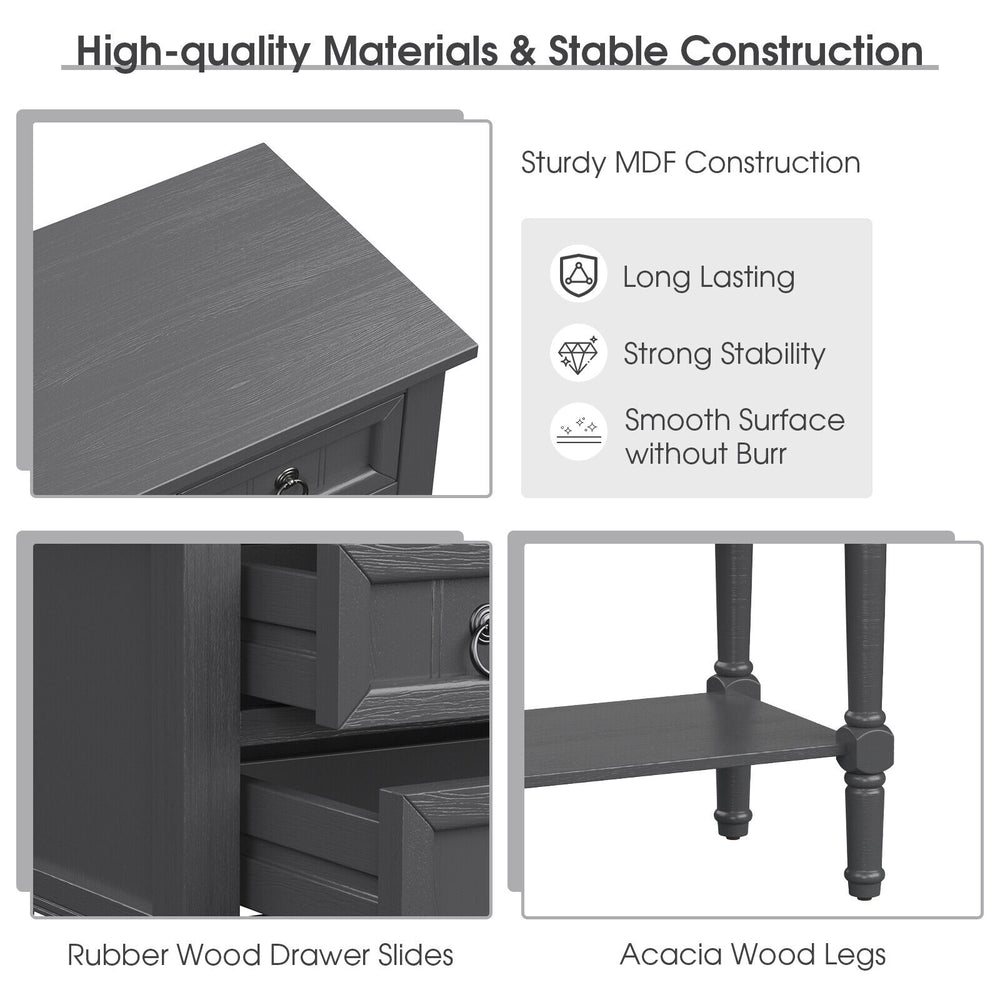 Narrow gray console table with three storage drawers and open bottom shelf, featuring sturdy MDF and acacia wood legs.