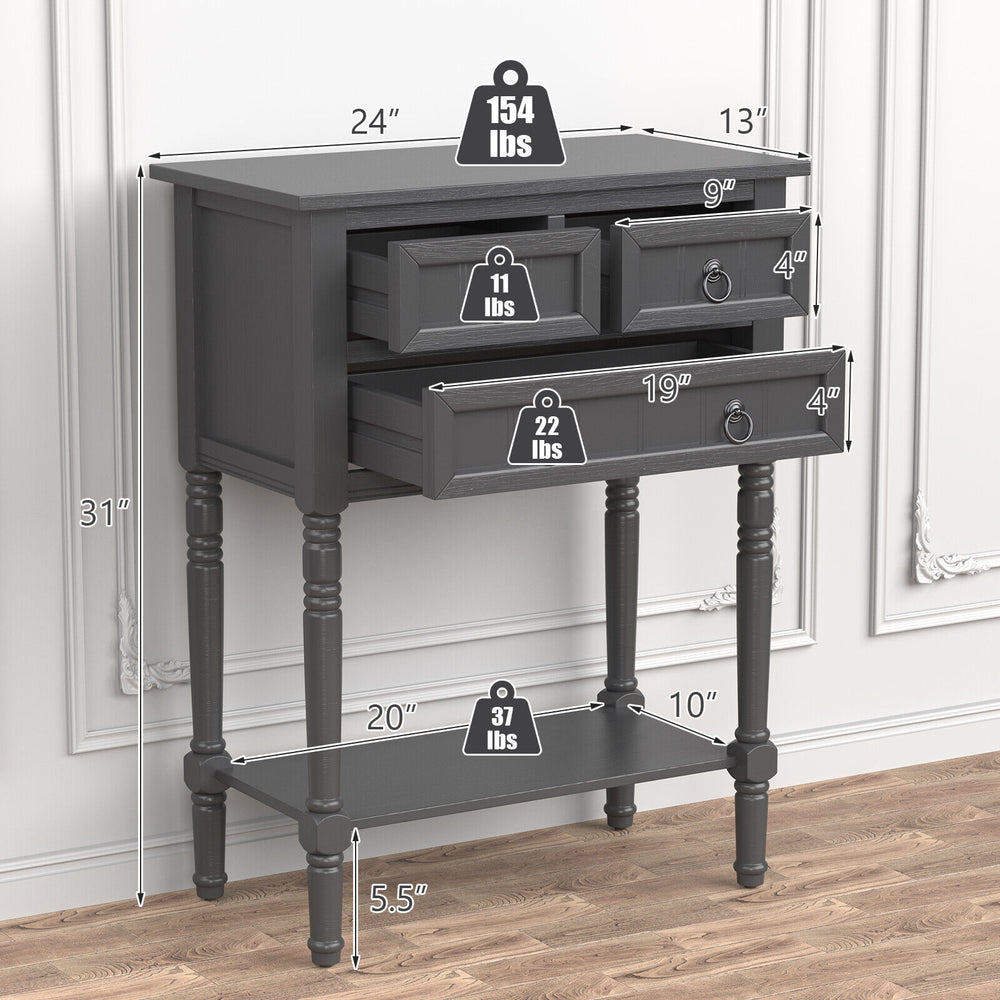 Narrow gray console table with three storage drawers and open bottom shelf, ideal for entryway or small spaces.
