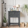 Narrow gray console table with three storage drawers and open bottom shelf, perfect for small spaces in entryways or.