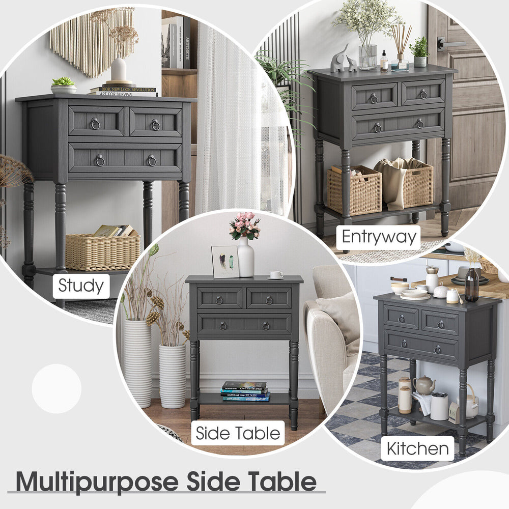 Narrow gray console table with 3 storage drawers and open bottom shelf, perfect for entryway or small spaces.