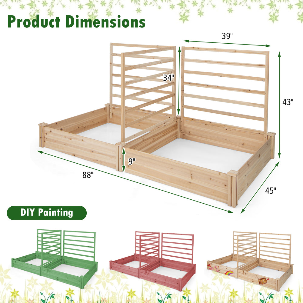 Raised garden bed with two planter boxes and three trellises, made of natural fir wood for outdoor planting.