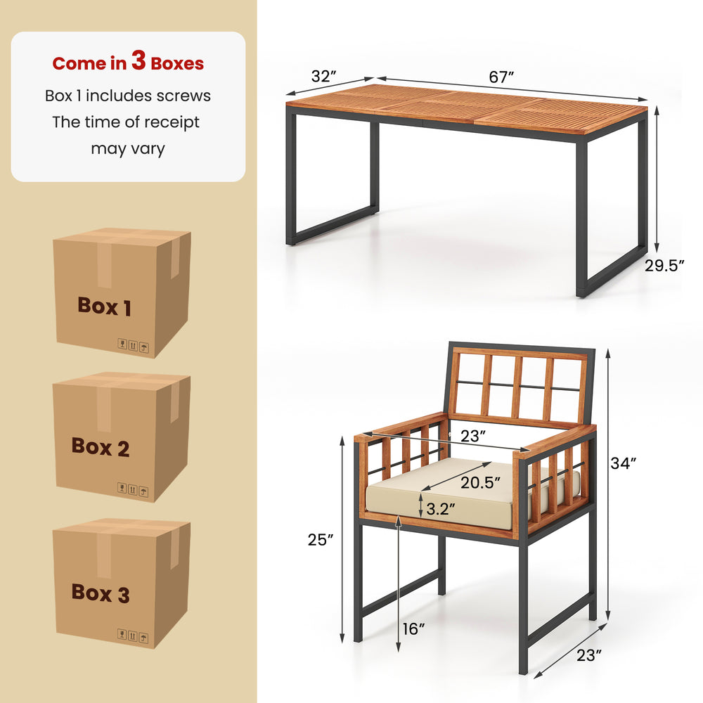 Rectangular dining table and armchair from 7 Pieces Patio Acacia Wood Dining Set with soft cushions for outdoor use.