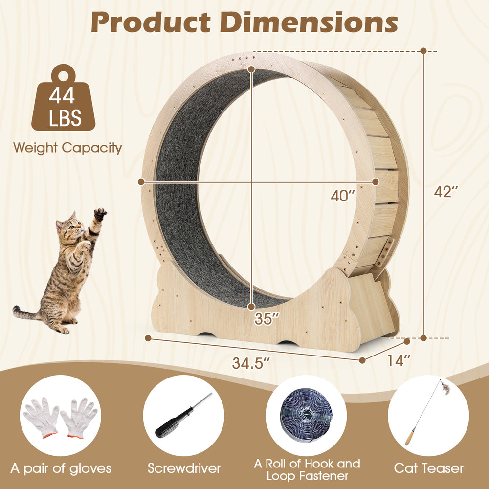 Large 40-inch cat exercise wheel with natural wood finish, designed for indoor cats, featuring a lockable mechanism.