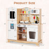 Wooden kids pretend kitchen playset with utensils, featuring stove, oven, and storage, ideal for imaginative play.