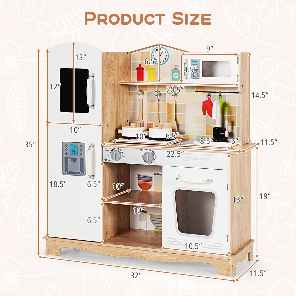 Wooden kids pretend kitchen playset with utensils, featuring stove, oven, and storage, ideal for imaginative play.