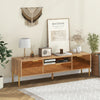 Mirrored TV stand with spacious tabletop for TVs up to 65 inches, featuring two storage cabinets and a modern design.
