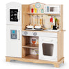 Wooden kids pretend kitchen playset with utensils, stove lights, and sound features for imaginative cooking fun.