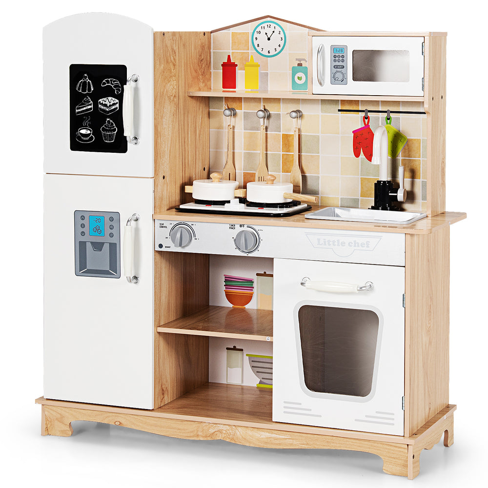 Wooden kids pretend kitchen playset with utensils, stove lights, and sound features for imaginative cooking fun.