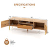 Mirrored TV stand with spacious tabletop, two storage cabinets, and pull-out drawer for TVs up to 65 inches.