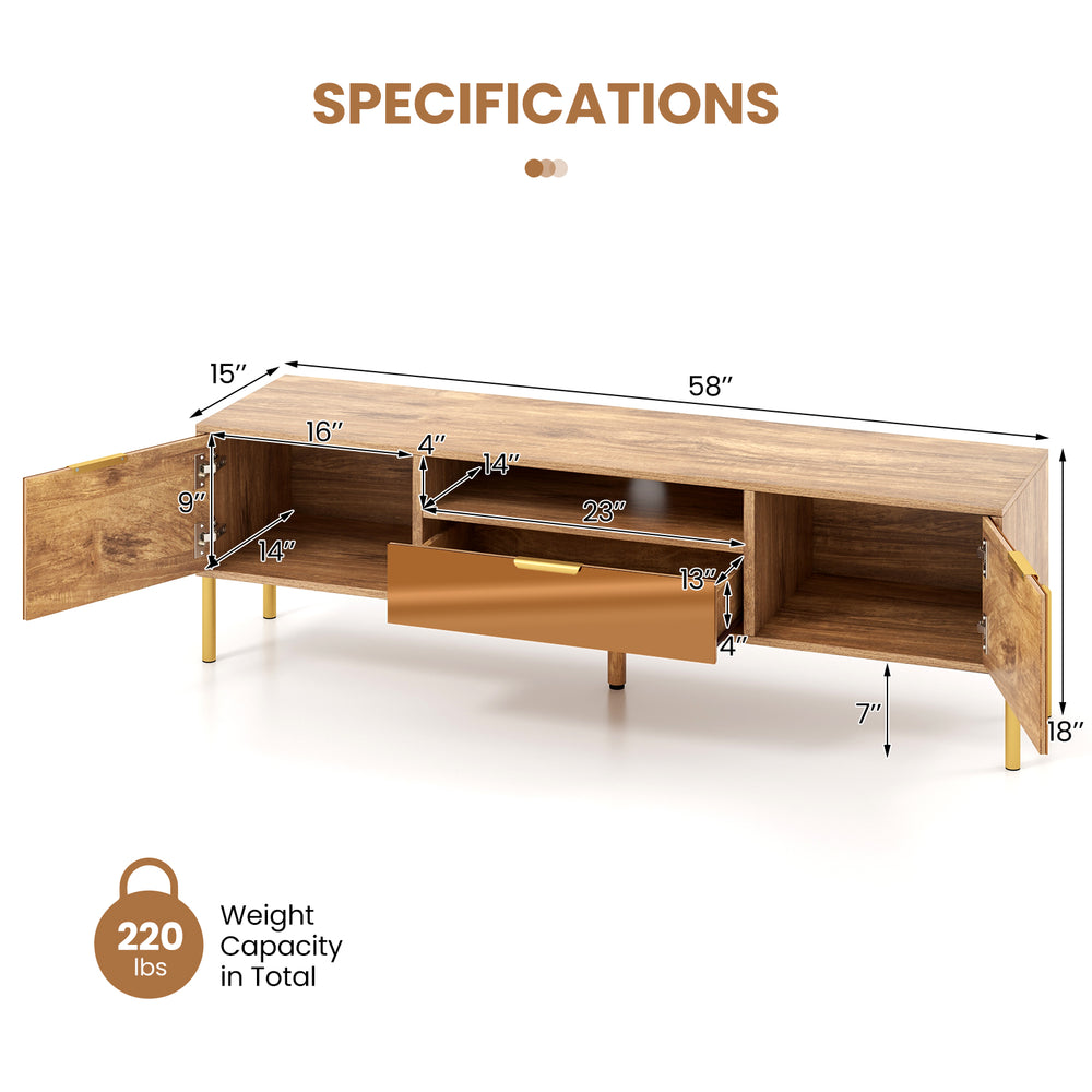 Mirrored TV stand with spacious tabletop, two storage cabinets, and pull-out drawer for TVs up to 65 inches.