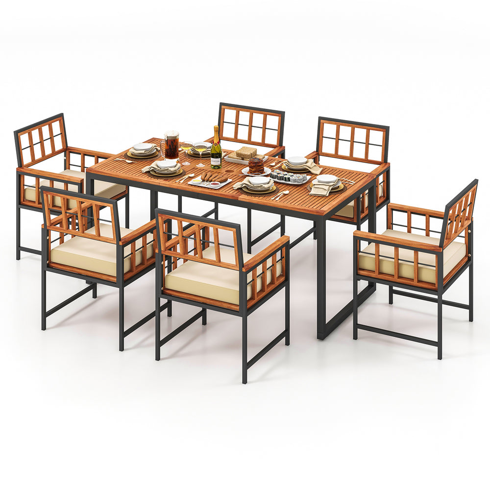 7-piece patio dining set featuring acacia wood, soft cushions, and an umbrella hole, perfect for outdoor gatherings.