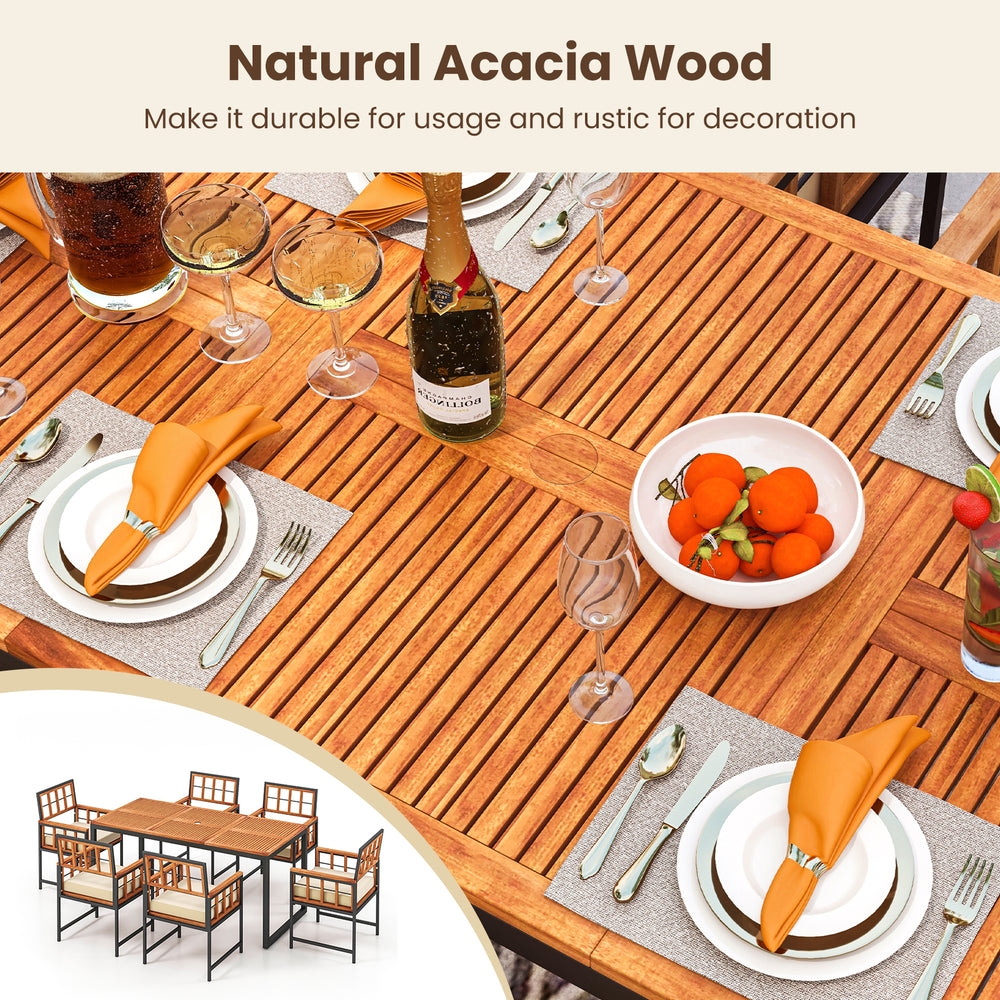 7-piece patio dining set featuring natural acacia wood, soft cushions, and umbrella hole, perfect for outdoor.