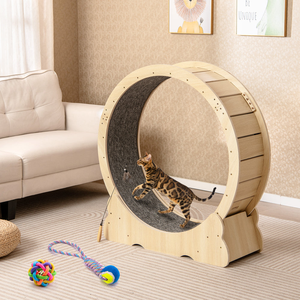Large 40-inch cat exercise wheel with carpeted runway, designed for indoor cats, promoting exercise and stability.