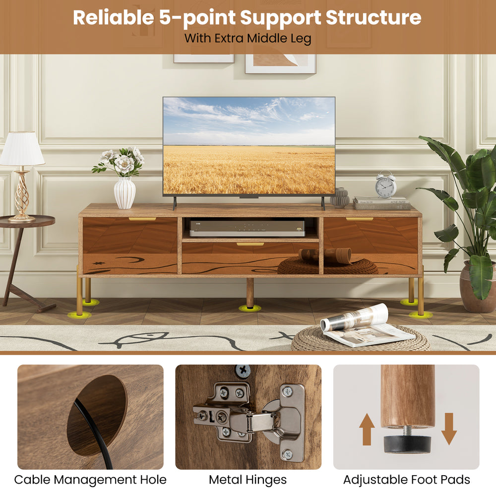 Mirrored TV stand with spacious tabletop, 2 storage cabinets, and cable management hole for TVs up to 65 inches.