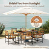 7-piece patio dining set featuring natural acacia wood, soft cushions, and a 1.96" umbrella hole for outdoor use.