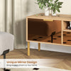Mirrored TV stand with spacious tabletop, two storage cabinets, and modern design for TVs up to 65 inches.