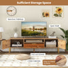 Mirrored TV stand with spacious tabletop, open shelf, pull-out drawer, and two storage cabinets for TVs up to 65 inches.
