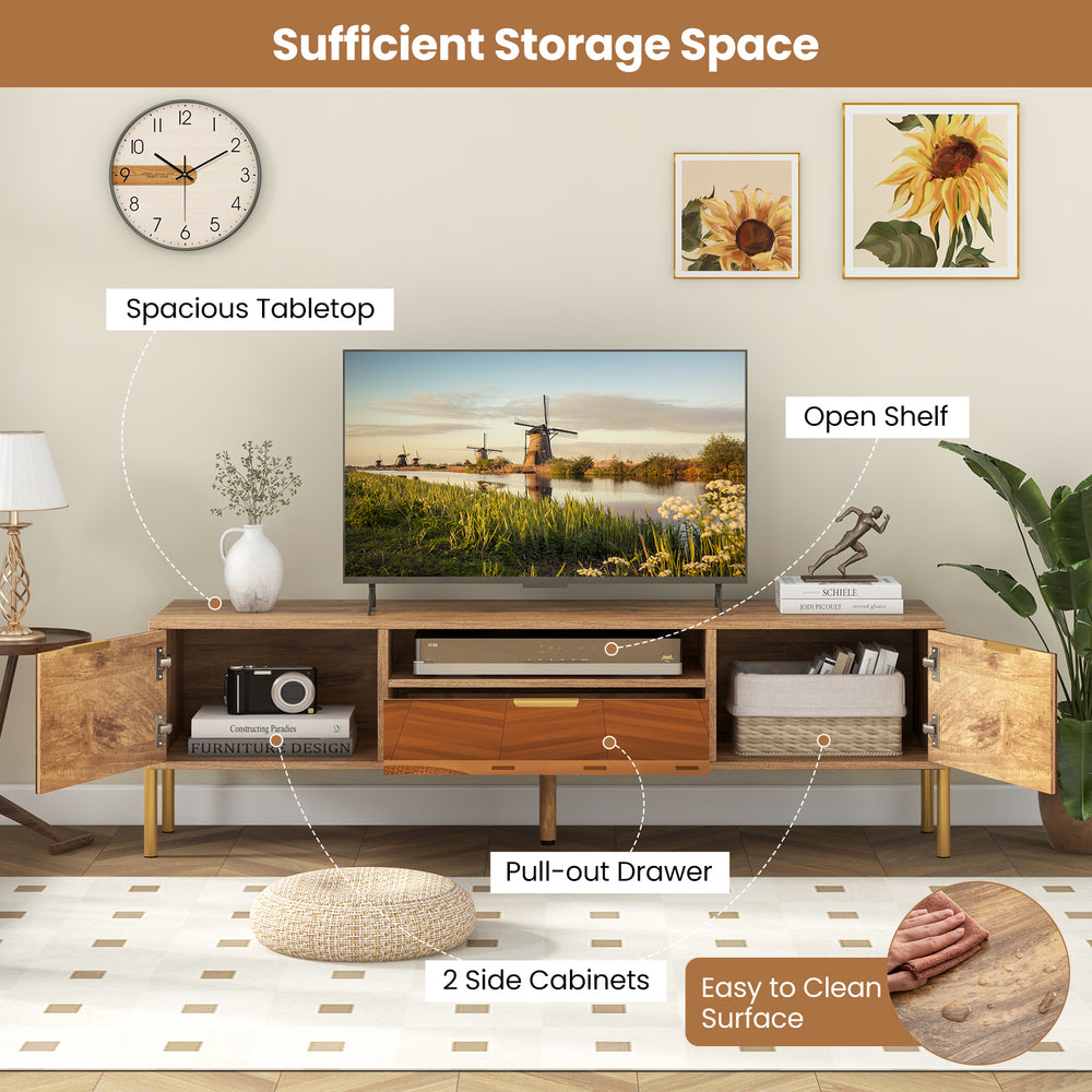 Mirrored TV stand with spacious tabletop, open shelf, pull-out drawer, and two storage cabinets for TVs up to 65 inches.