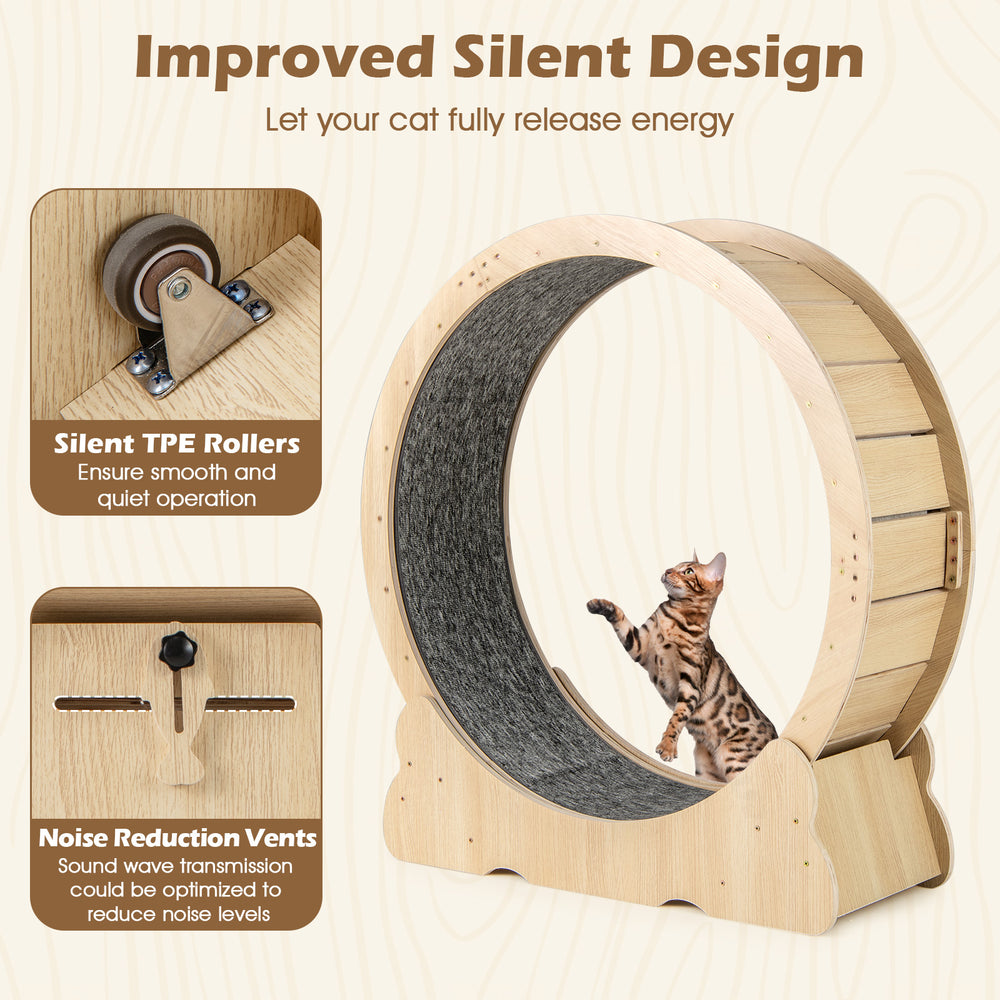 Large 40-inch cat exercise wheel with natural wood finish, TPE rollers, and carpeted runway for indoor play and.