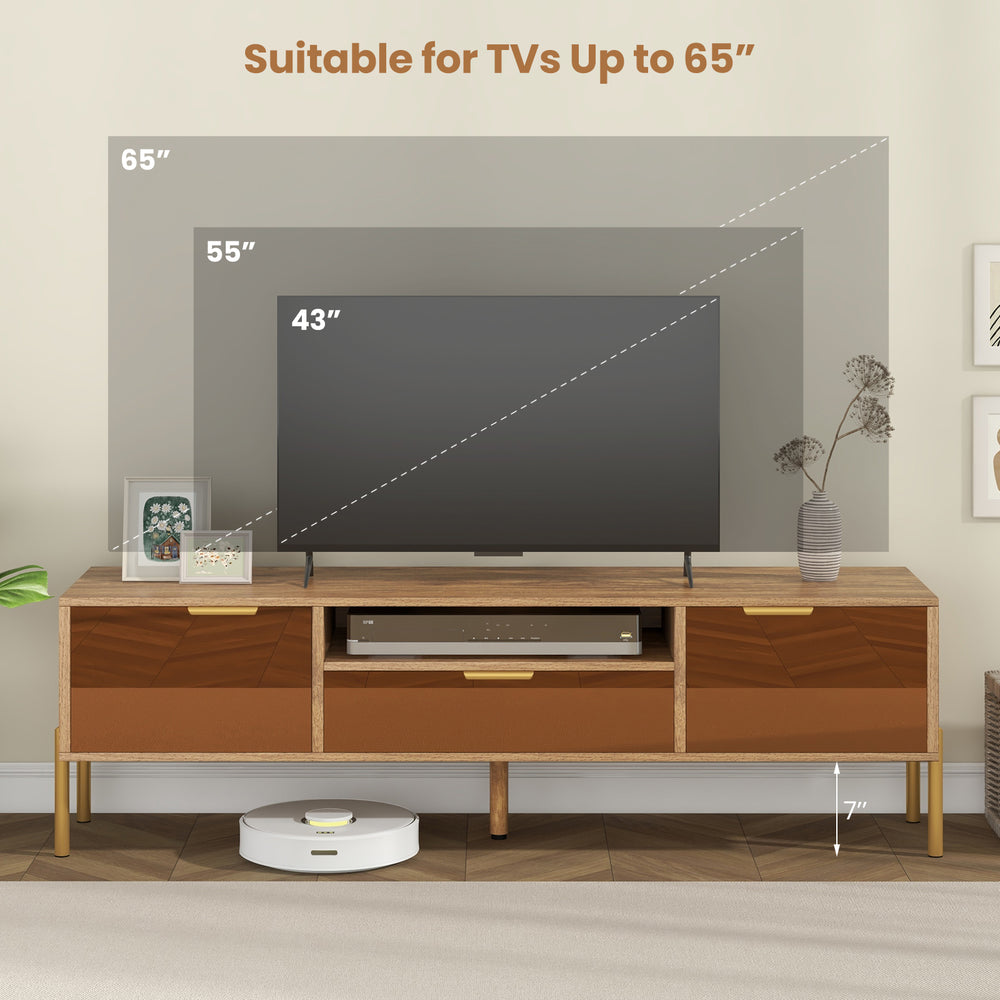 Mirrored TV stand for TVs up to 65 inches, featuring spacious tabletop and two storage cabinets for modern decor.