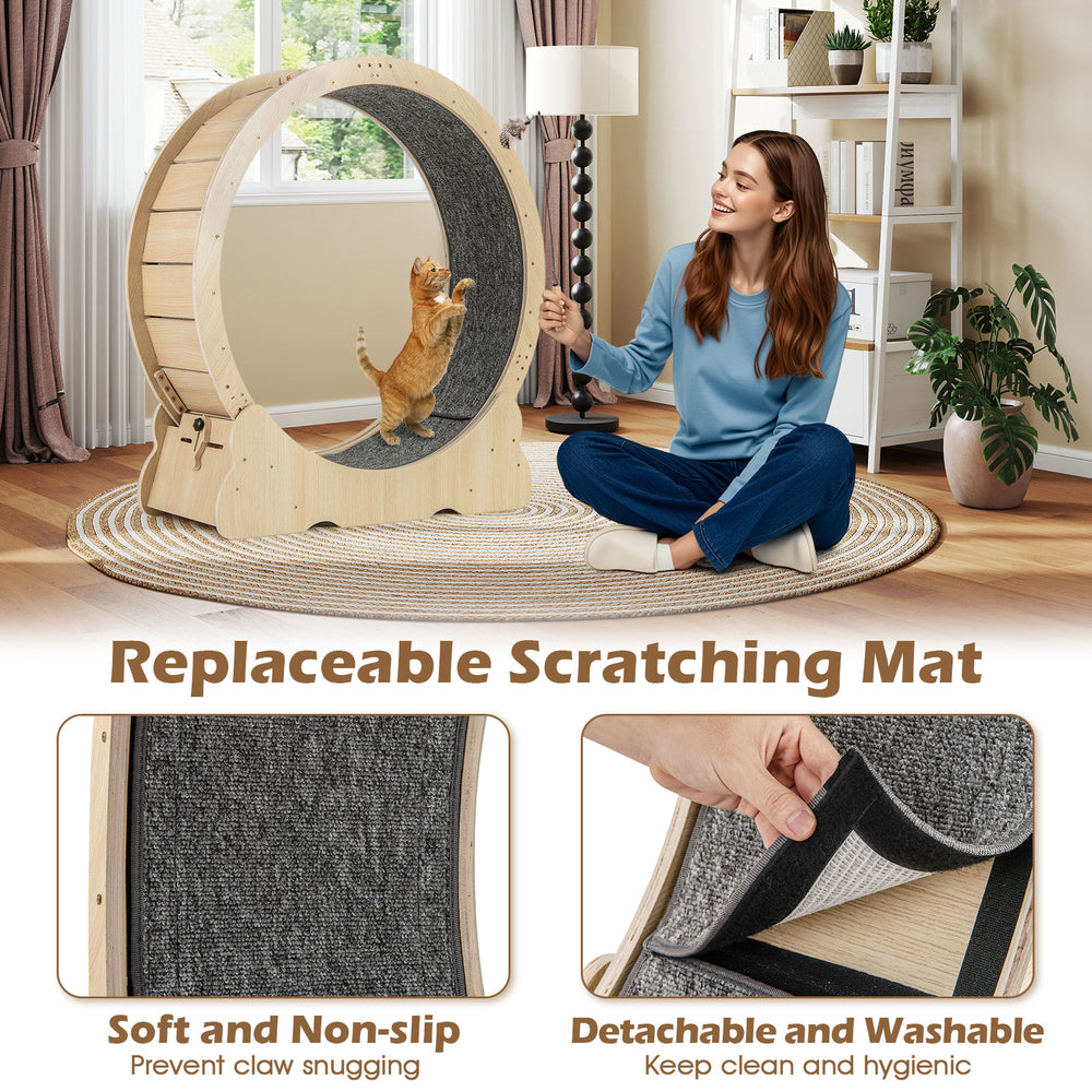 Large 40-inch cat exercise wheel with carpeted runway and replaceable scratching mat for indoor cat fitness.