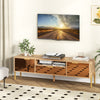 Mirrored TV stand for TVs up to 65 inches featuring spacious tabletop, two storage cabinets, and modern design.